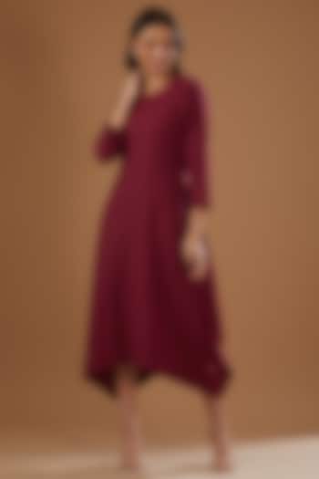 Maroon Cotton Linen Thread Embroidered Dress by FINE THREADS BY HINA & NIKHAT