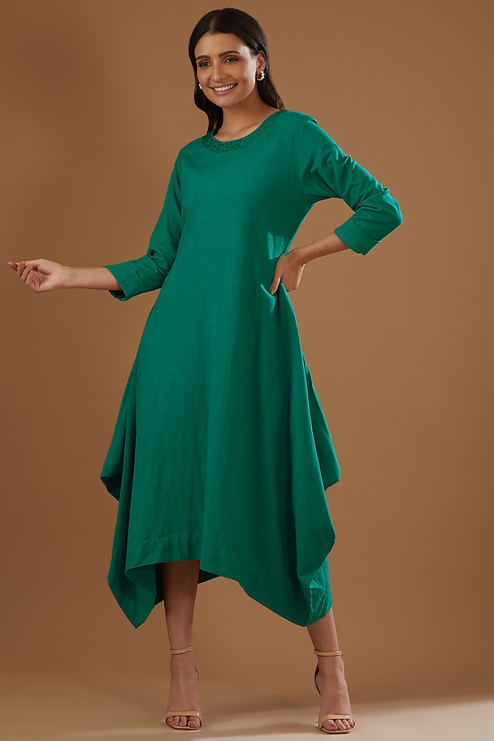 Green Cotton Linen Thread Embroidered Dress by FINE THREADS BY HINA & NIKHAT