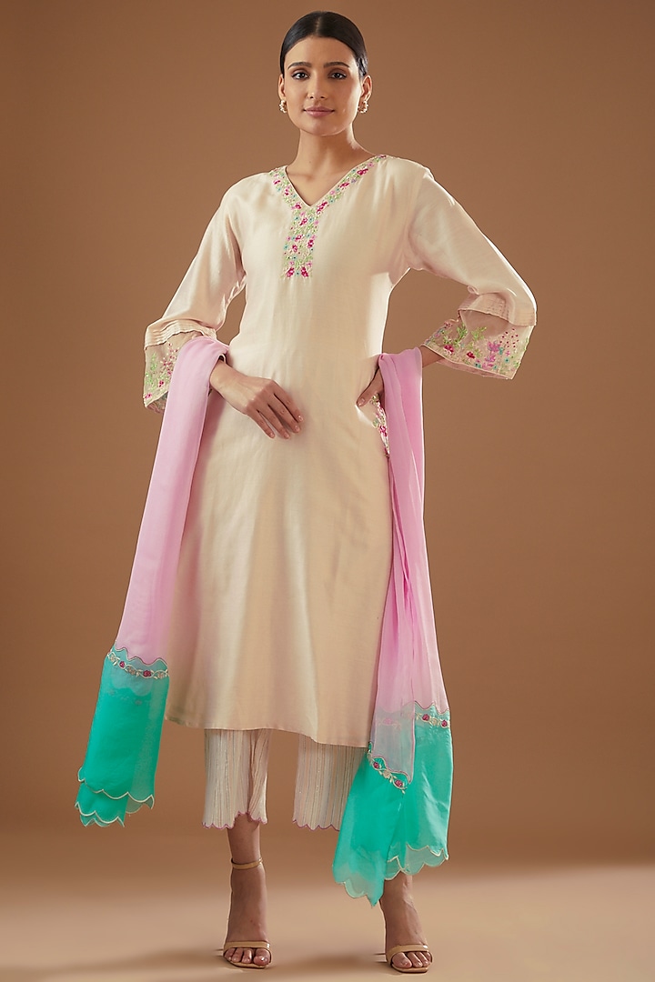 Nude Pink Chanderi Silk Embroidered A-Line Kurta Set by FINE THREADS BY HINA & NIKHAT