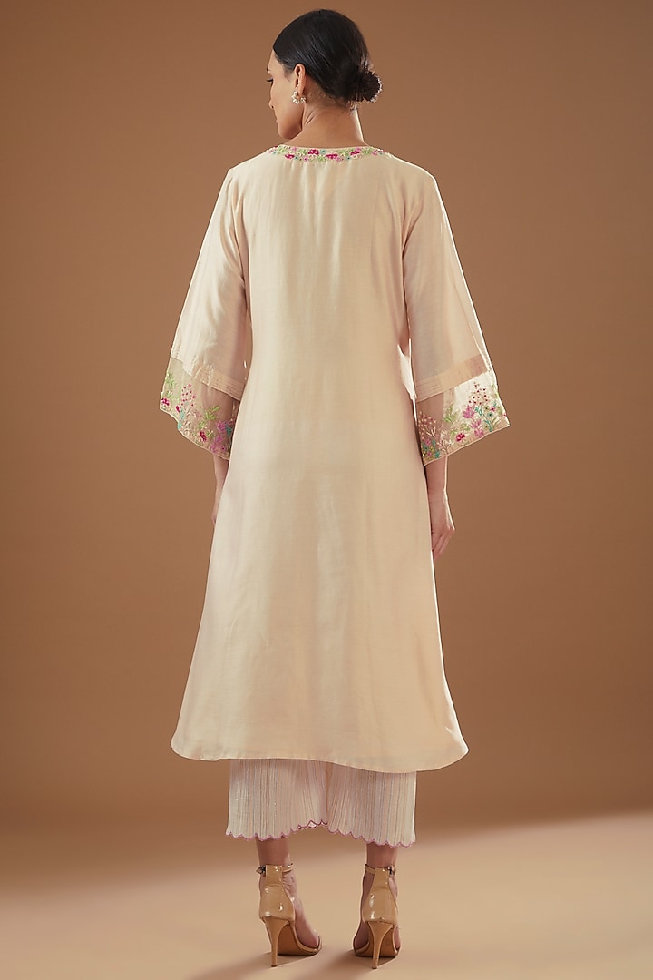 Nude Pink Chanderi Silk Embroidered A-Line Kurta Set by FINE THREADS BY HINA & NIKHAT at Pernia's Pop Up Shop