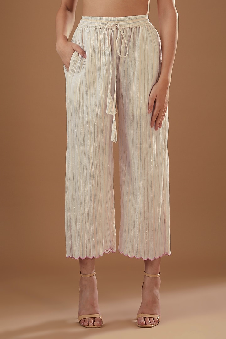 Nude Pink Chanderi Silk Embroidered A-Line Kurta Set by FINE THREADS BY HINA & NIKHAT at Pernia's Pop Up Shop