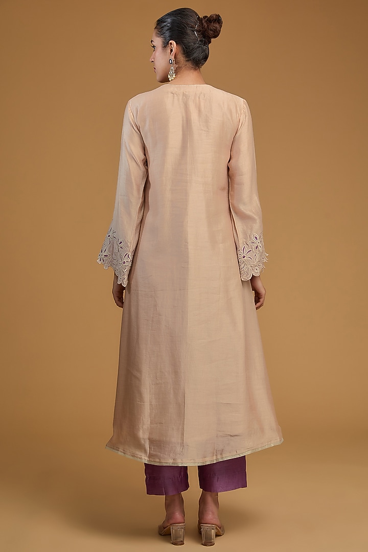 Nude Pink Handloom Chanderi Silk Applique Work A-Line Kurta Set by FINE THREADS BY HINA & NIKHAT at Pernia's Pop Up Shop