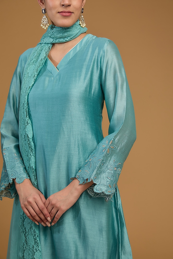 Steel Blue Handloom Chanderi Silk Applique Work A-Line Kurta Set by FINE THREADS BY HINA & NIKHAT at Pernia's Pop Up Shop