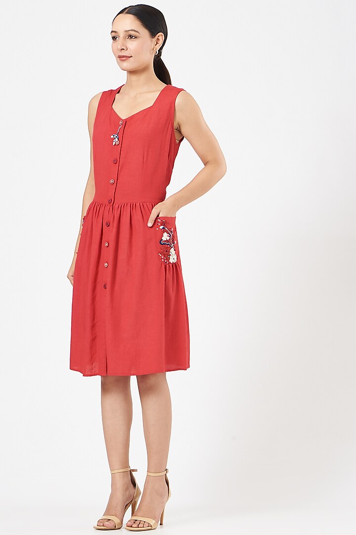 Bright Red Embroidered Gathered Knee-Length Dress by FINE THREADS BY HINA & NIKHAT