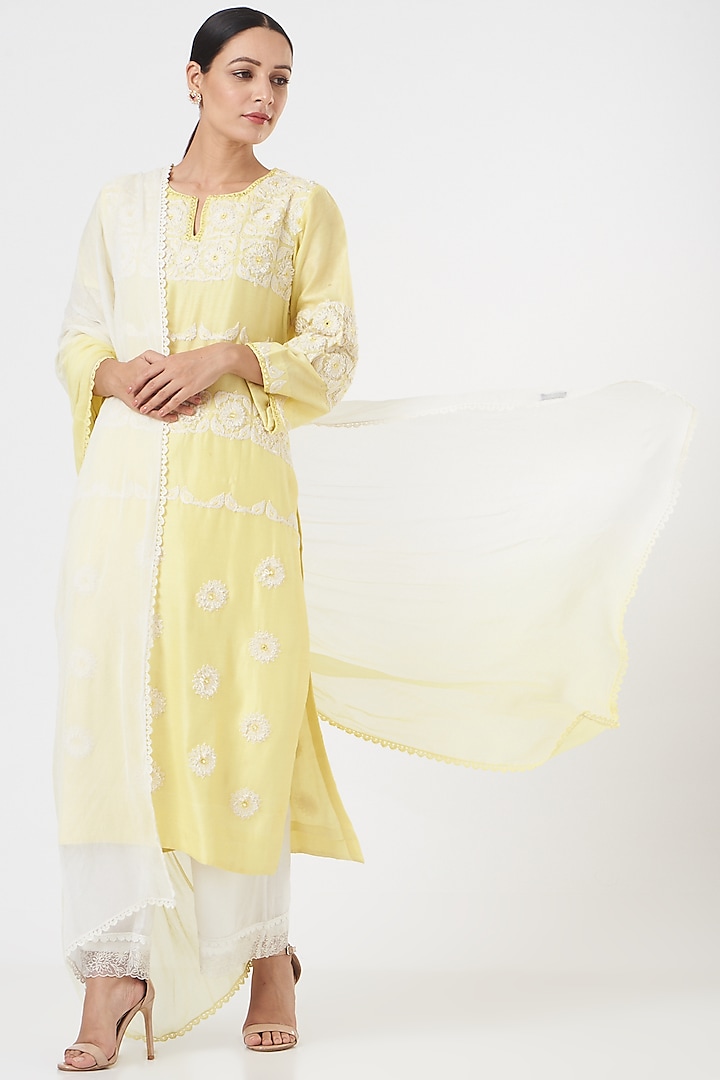 Lemon Yellow Embroidered Kurta Set by FINE THREADS BY HINA & NIKHAT