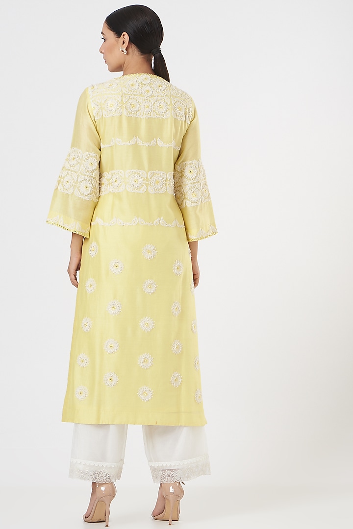 Lemon Yellow Embroidered Kurta Set by FINE THREADS BY HINA & NIKHAT at Pernia's Pop Up Shop