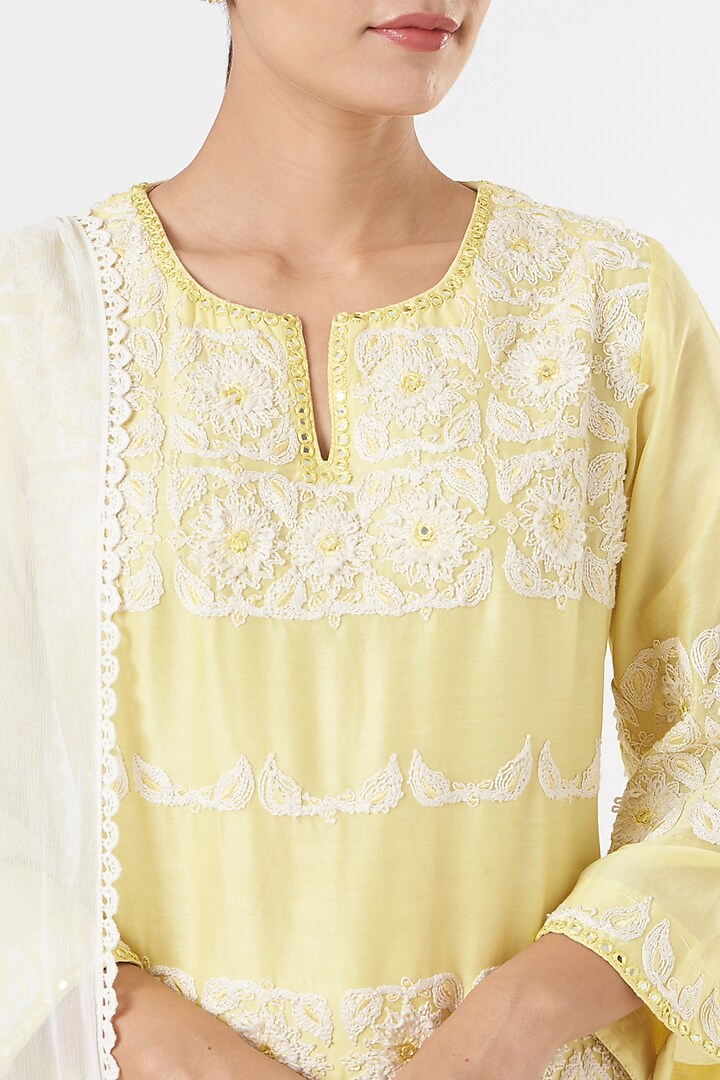 Lemon Yellow Embroidered Kurta Set by FINE THREADS BY HINA & NIKHAT at Pernia's Pop Up Shop