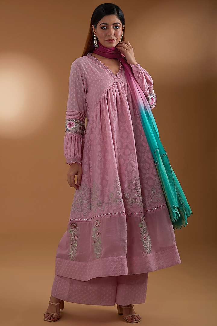 Pink Handloom Textured Silk Cotton Embroidered Angrakha Set by FINE THREADS BY HINA & NIKHAT