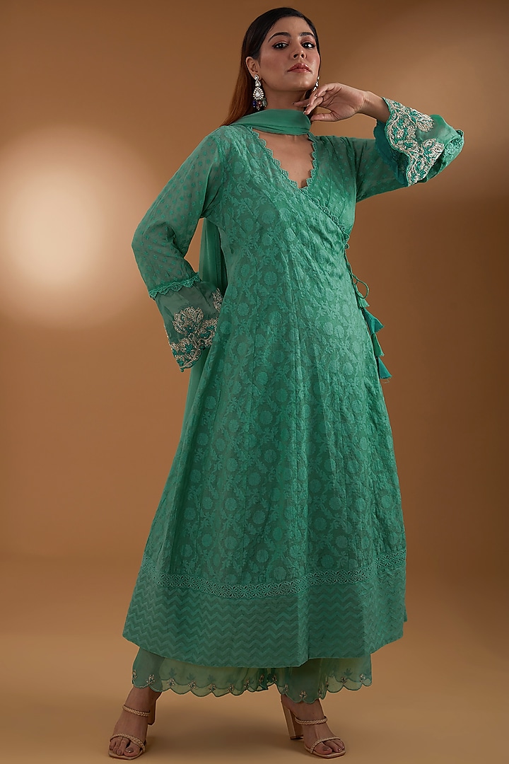 Green Handloom Textured Silk Cotton Embellished Angrakha Set by FINE THREADS BY HINA & NIKHAT