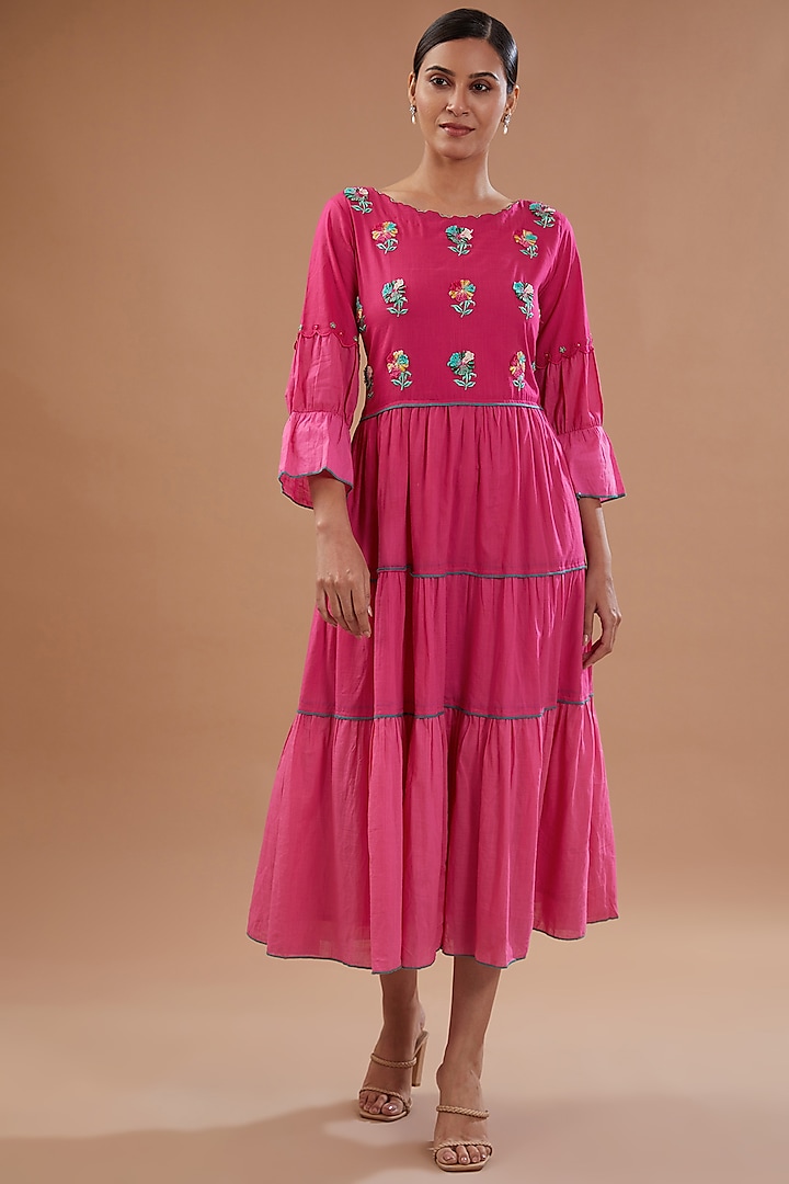 Pink Slub Cotton Tiered Applique Embroidered Dress by FINE THREADS BY HINA & NIKHAT