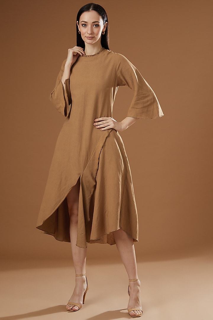 Brown Cotton Linen A-line Dress by FINE THREADS BY HINA & NIKHAT