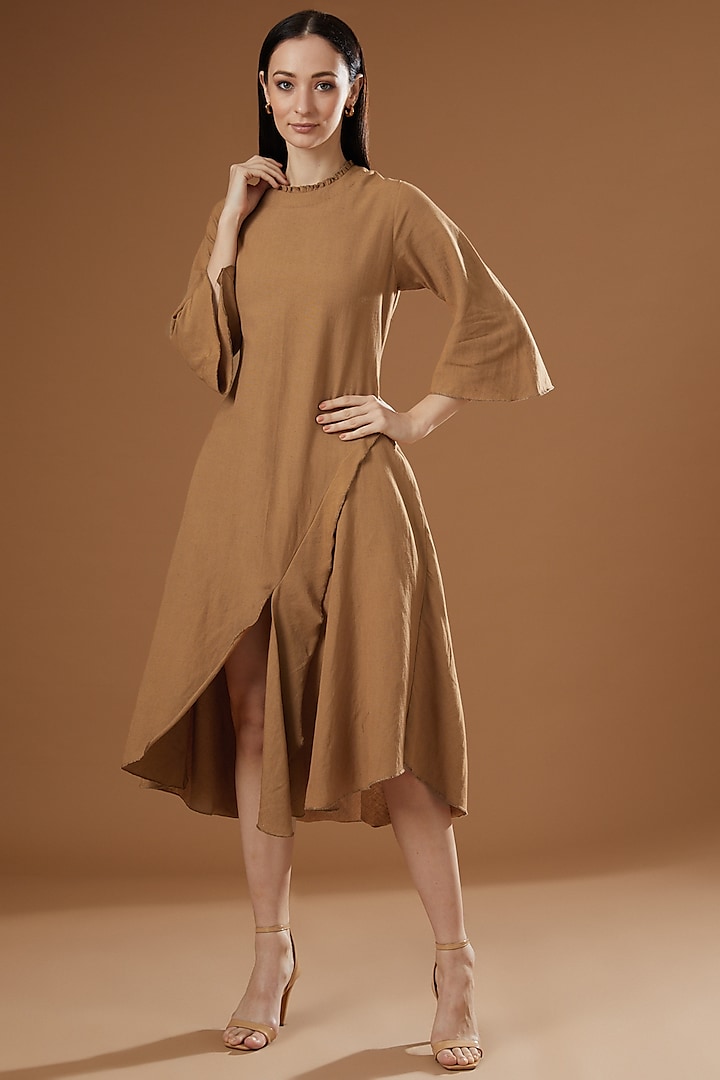 Brown Cotton Linen A-line Dress by FINE THREADS BY HINA & NIKHAT at Pernia's Pop Up Shop