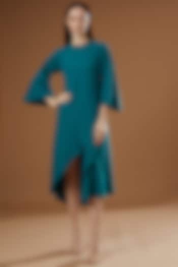 Turquoise Cotton Linen A-line Dress by FINE THREADS BY HINA & NIKHAT