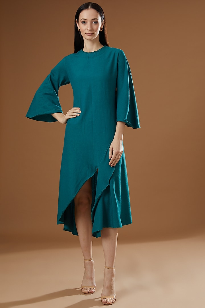 Turquoise Cotton Linen A-line Dress by FINE THREADS BY HINA & NIKHAT