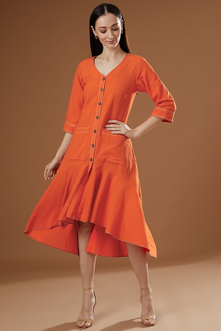 Orange Cotton Linen High-Low Dress by FINE THREADS BY HINA & NIKHAT