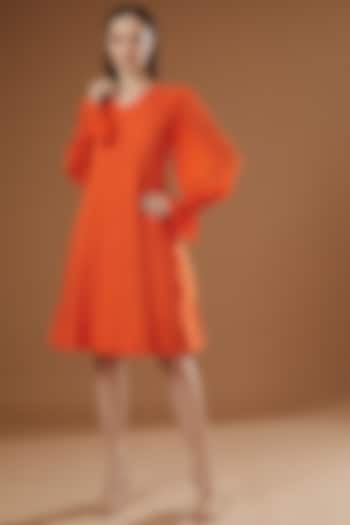Orange Cotton Linen A-Line Dress by FINE THREADS BY HINA & NIKHAT
