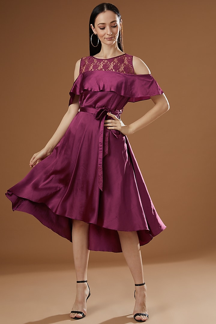 Maroon Silk Satin Off-Shoulder Dress by FINE THREADS BY HINA & NIKHAT
