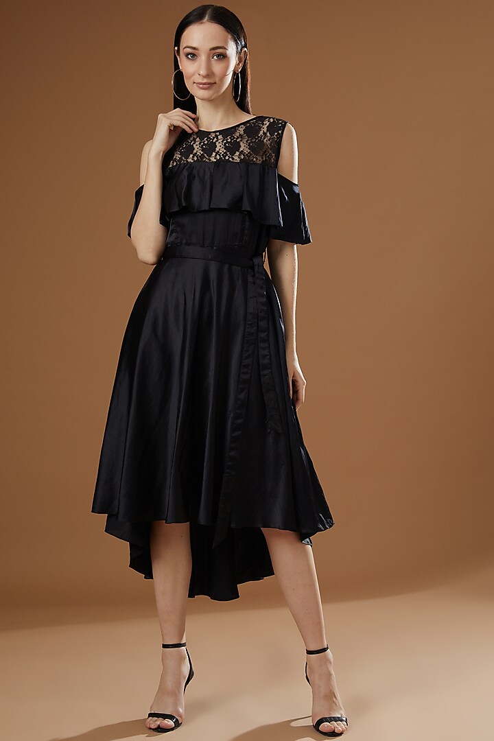 Black Silk Satin Off-Shoulder Dress by FINE THREADS BY HINA & NIKHAT