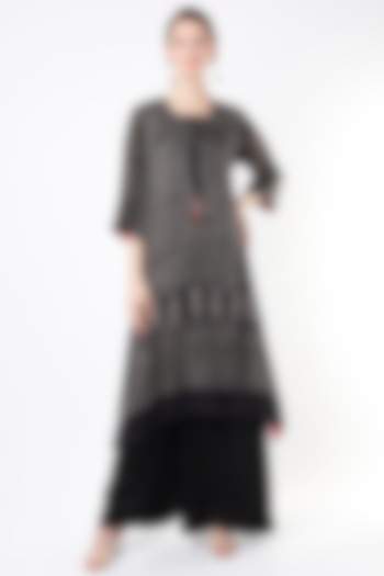 Black Ajrak Hand-Dyed Silk Kerchief Style Kurta Set by ILAPTI
