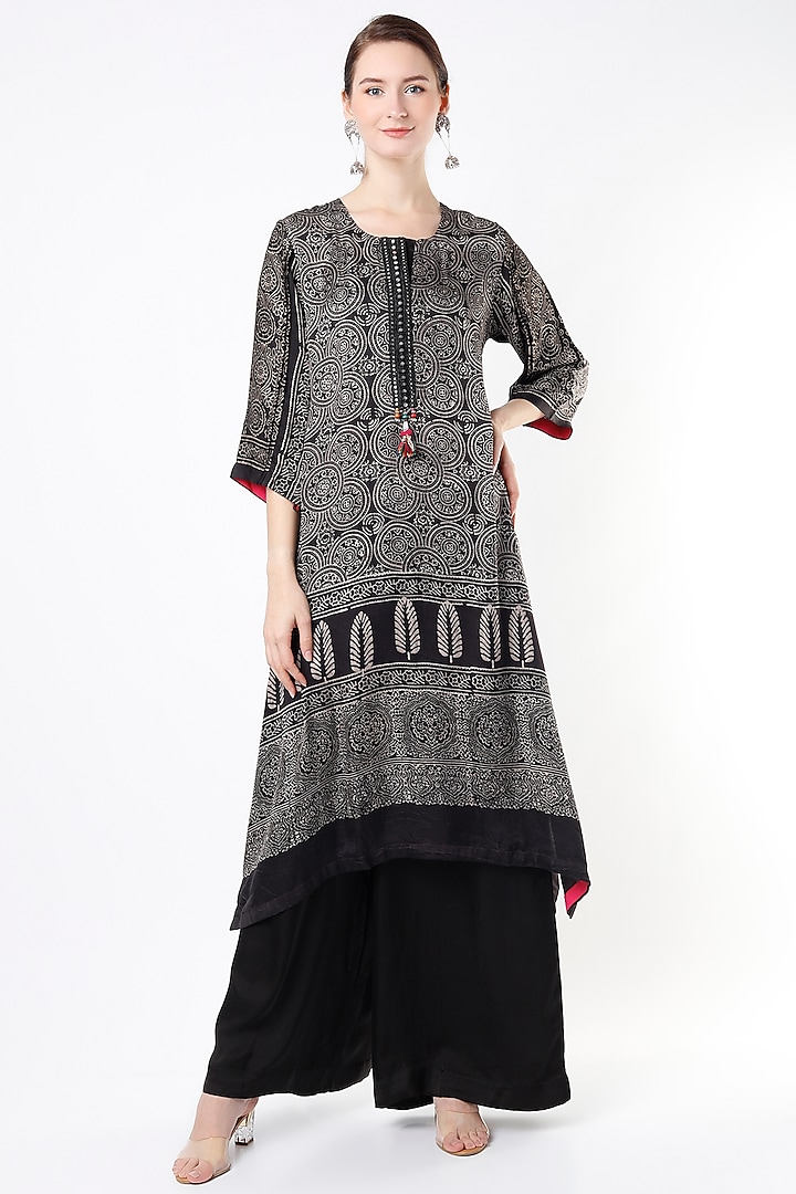 Black Ajrak Hand-Dyed Silk Kerchief Style Kurta Set by ILAPTI