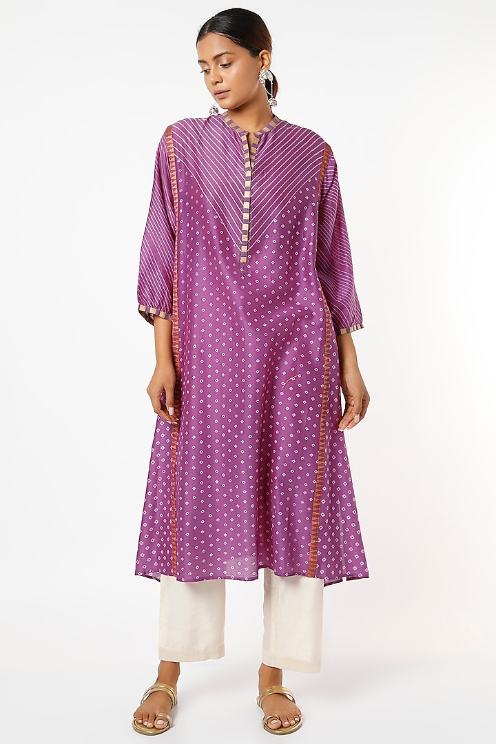 Purple Hand Blocked Bandhej Tunic by ILAPTI at Pernia's Pop Up Shop