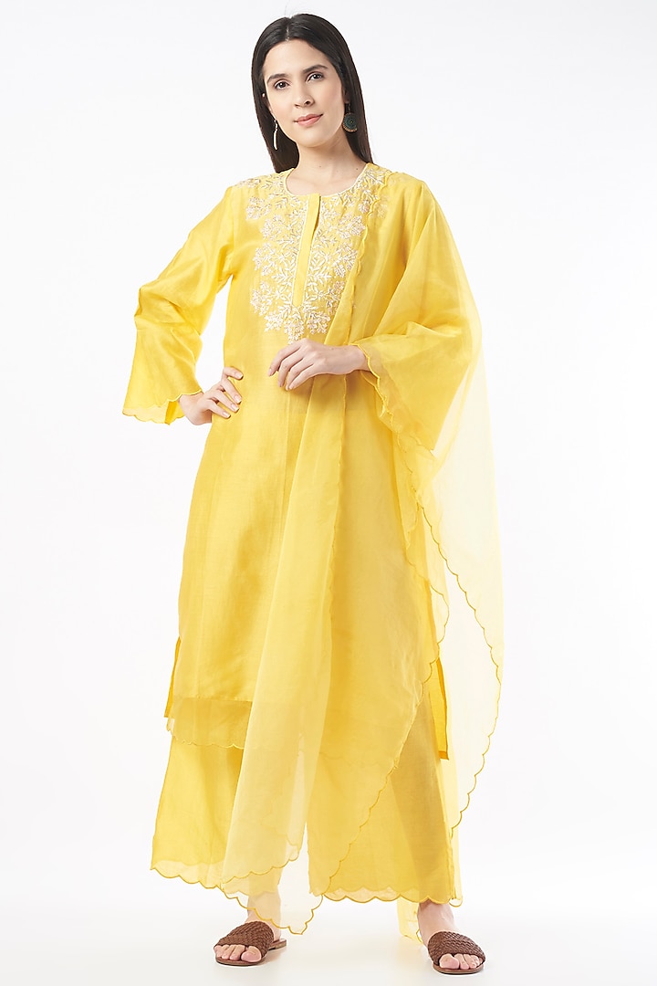 Bright Yellow Embroidered Handwoven Kurta Set by ILAPTI