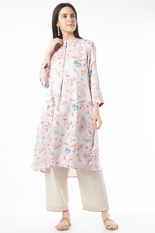 Grey Printed Handwoven Straight Kurta Set by ILAPTI