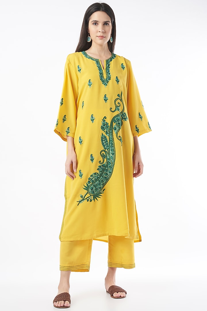 Dandelion Yellow Embroidered Handwoven Kurta Set by ILAPTI