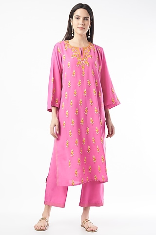 French Pink Embroidered Handwoven Kurta Set by ILAPTI
