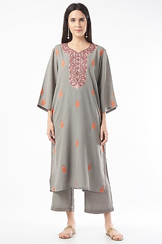 Grey Embroidered Handwoven Kurta Set by ILAPTI