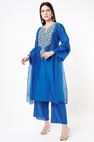 Cobalt Blue Chanderi Kurta Set by ILAPTI