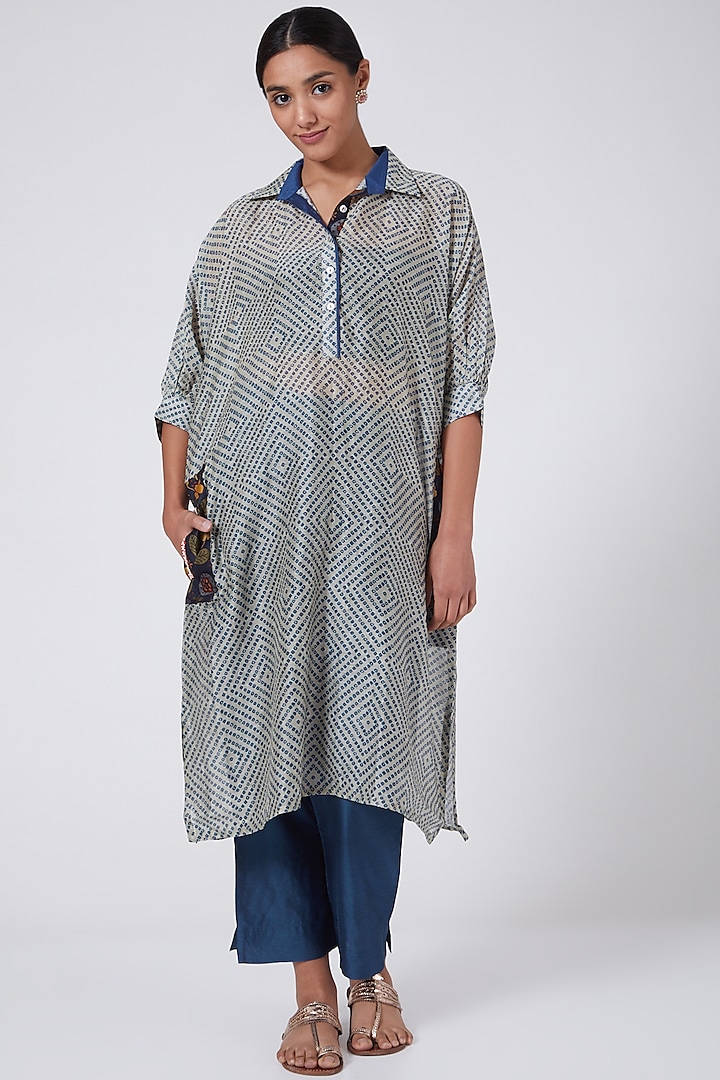 Blue Printed & Embroidered Narrow Pant Set by ILAPTI