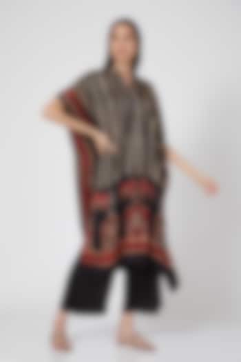 Black Silk Pichwai Kaftan Kurta Set by ILAPTI at Pernia's Pop Up Shop