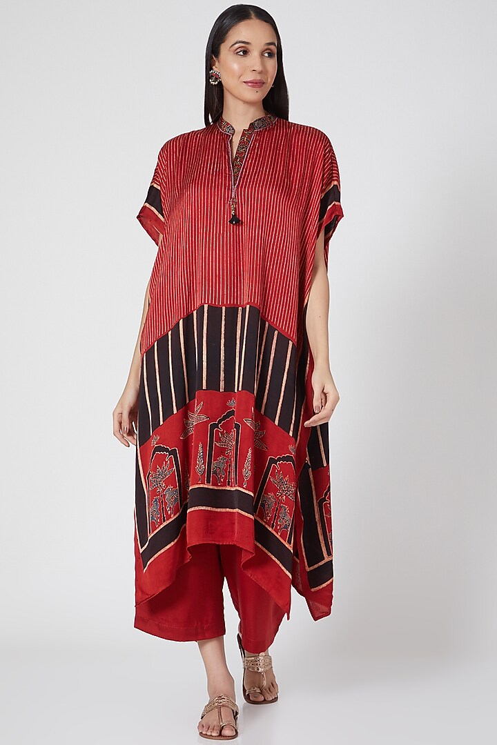 Red Silk Pichwai Hand Dyed Kaftan Set by ILAPTI at Pernia's Pop Up Shop