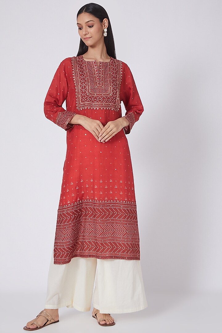 Women'S Red & White Yoke Design Straight Bandhani Kurta
