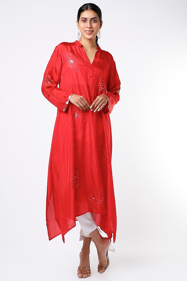 Cadmium Red Dupion Silk Kerchief Tunic by ILAPTI at Pernia's Pop Up Shop