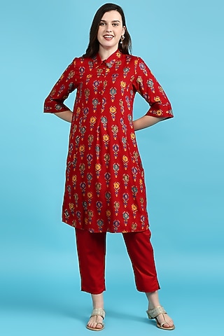 Red Ikat Printed Tunic Set by ILAPTI