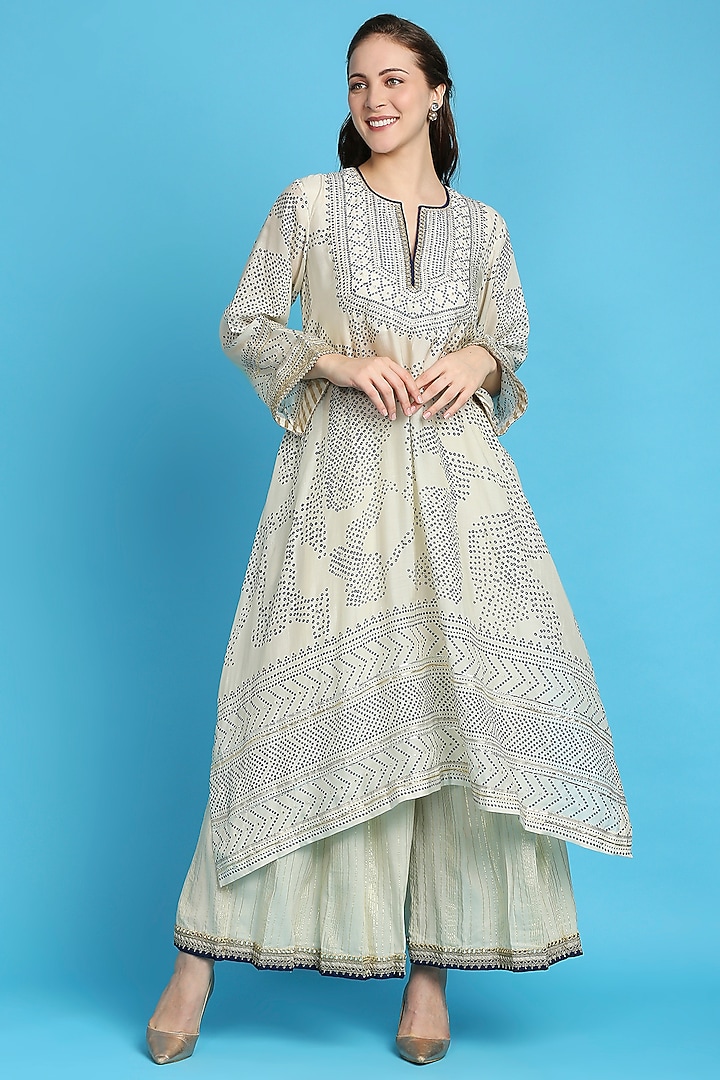 White & Blue Bandhani Printed Kurta Set by ILAPTI at Pernia's Pop Up Shop