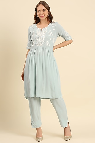 Blue Crepe Wrinkle Woven Kurta Set by ILAPTI
