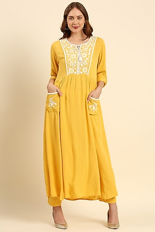 Yellow Crepe Woven Long Kurta Set by ILAPTI