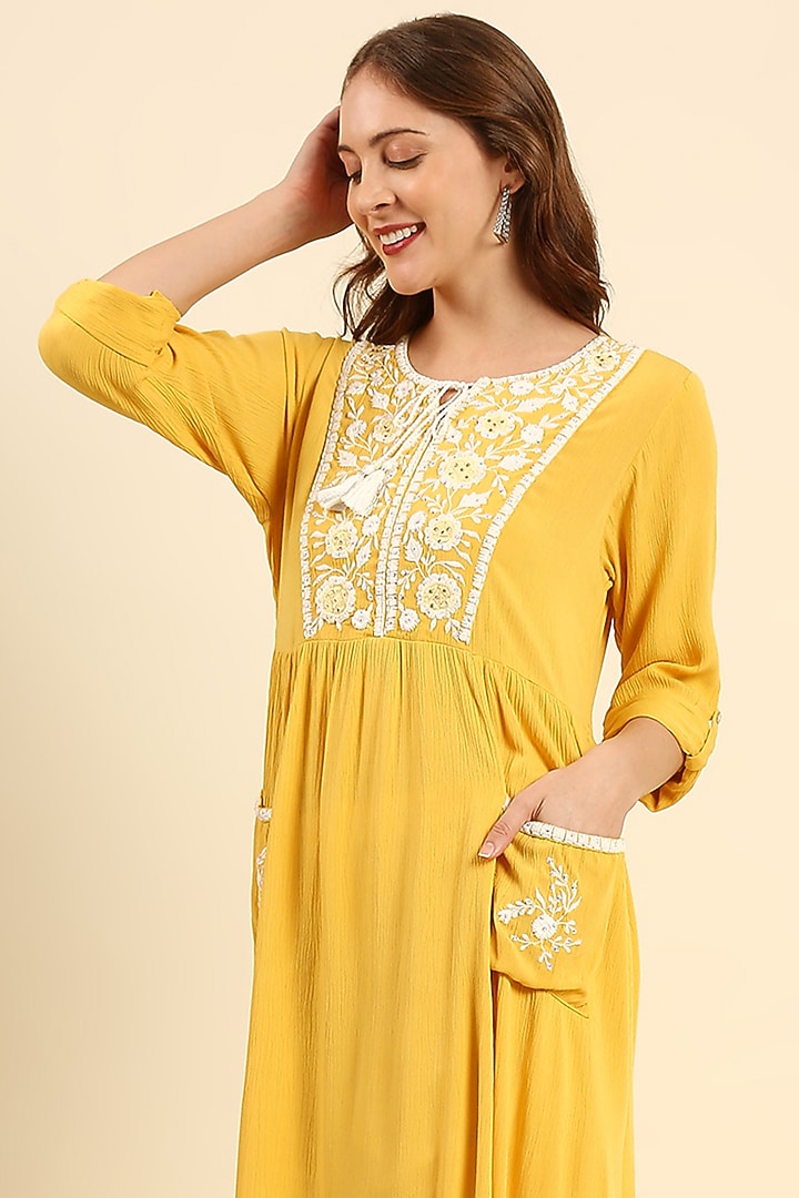 Yellow Crepe Woven Long Kurta Set by ILAPTI at Pernia's Pop Up Shop
