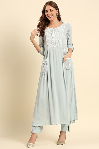 Blue Crepe Woven Long Kurta Set by ILAPTI