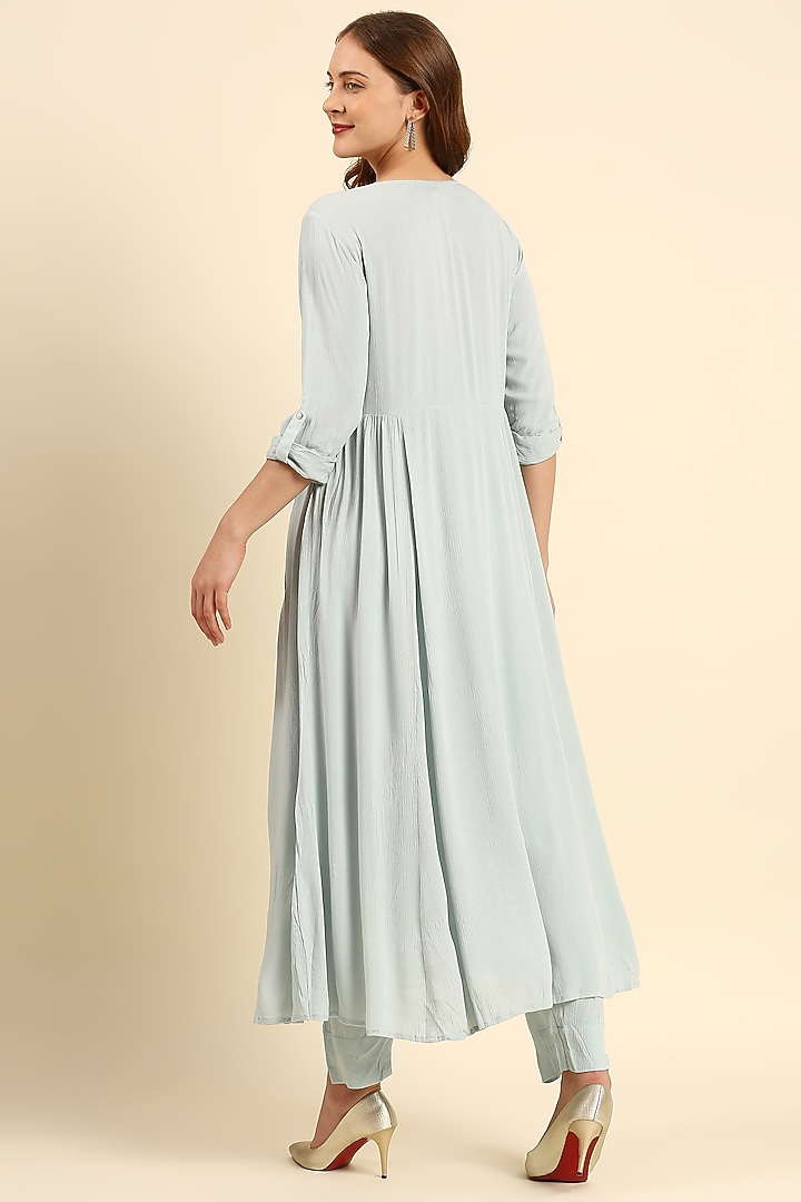 Blue Crepe Woven Long Kurta Set by ILAPTI at Pernia's Pop Up Shop