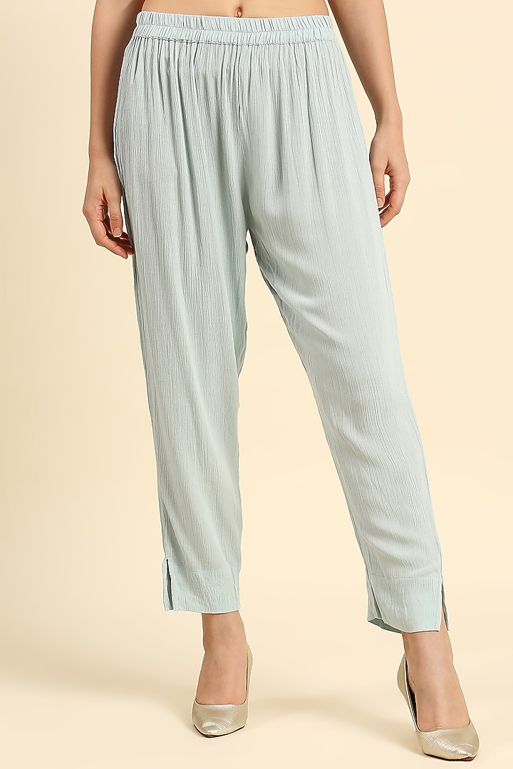 Blue Crepe Woven Long Kurta Set by ILAPTI at Pernia's Pop Up Shop
