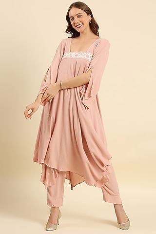 Pink Crepe Asymmetrical Kurta Set by ILAPTI