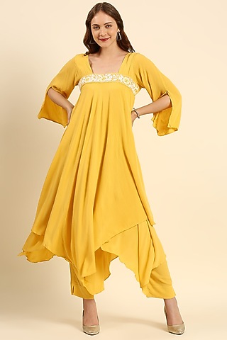 Yellow Crepe Asymmetrical Kurta Set by ILAPTI