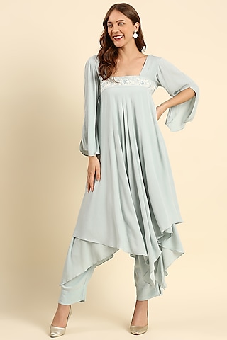 Blue Crepe Asymmetrical Kurta Set by ILAPTI