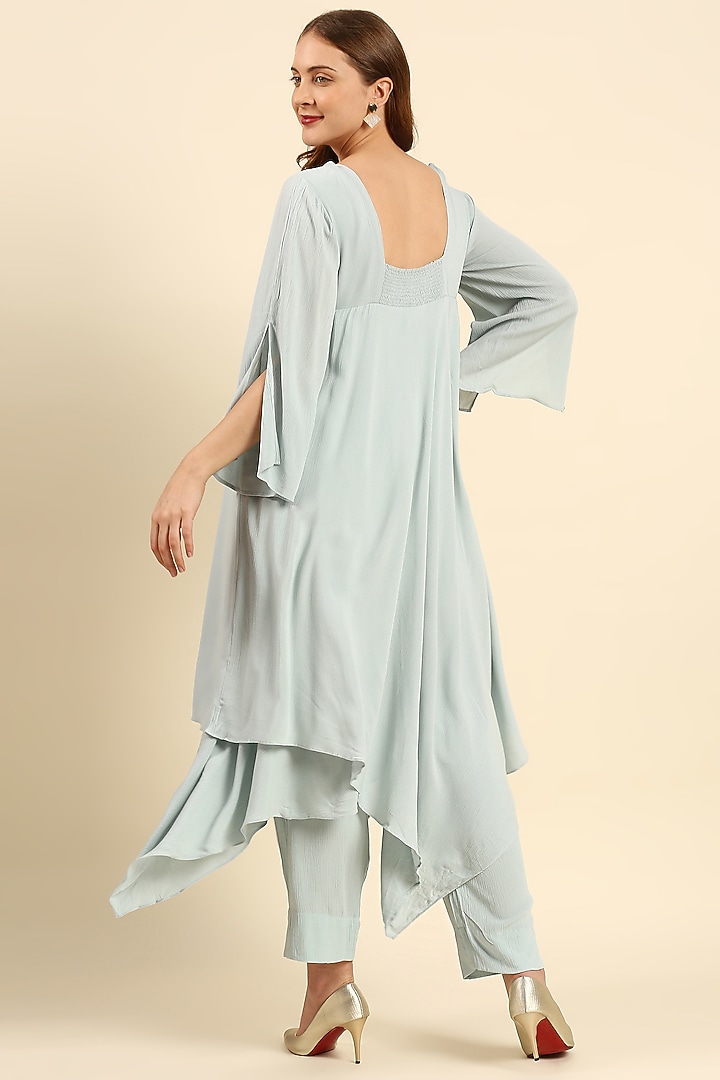 Blue Crepe Asymmetrical Kurta Set by ILAPTI at Pernia's Pop Up Shop