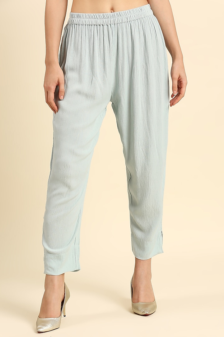 Blue Crepe Asymmetrical Kurta Set by ILAPTI at Pernia's Pop Up Shop