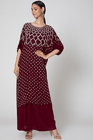 Maroon Bandhani Printed Kurta With Pants by ILAPTI